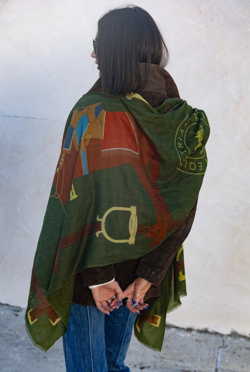 CASHMERE SCARF HERITAGE HORSE GREEN