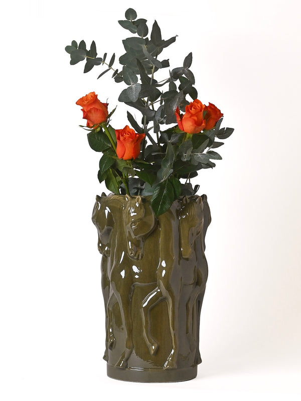 keramik Vas Dancing Horses Olive Glaze