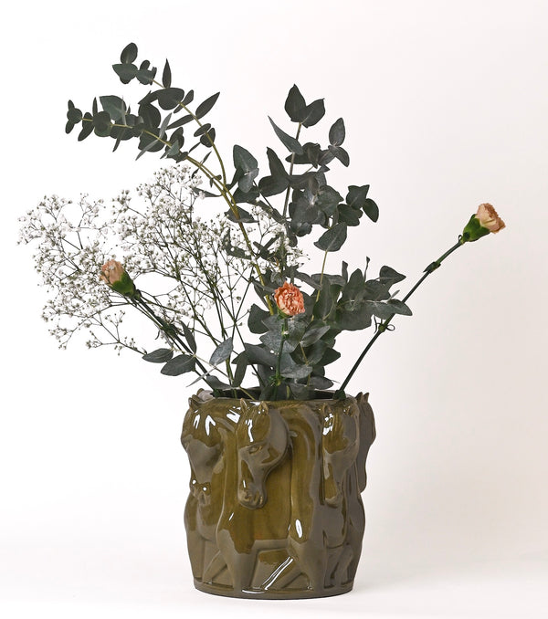 Keramik vas Dancing Horses Olive Glaze