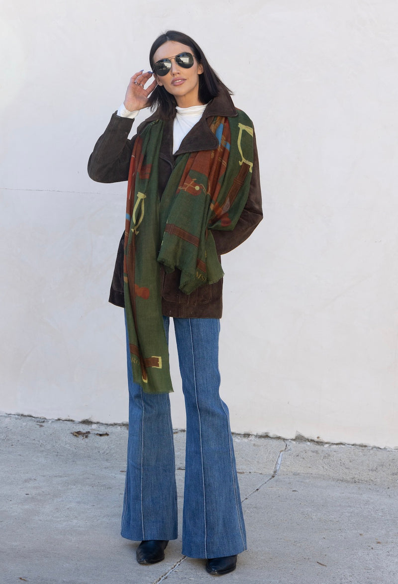 CASHMERE SCARF HERITAGE HORSE GREEN