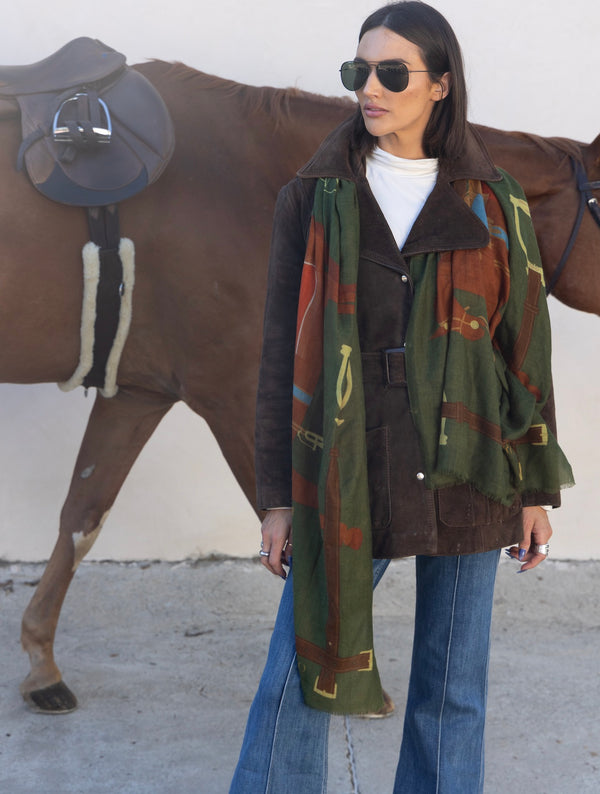 CASHMERE SCARF HERITAGE HORSE GREEN