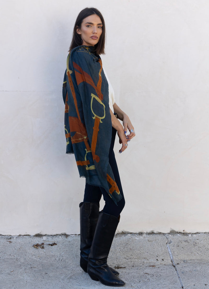 CASHMERE SCARF HERITAGE HORSE NAVY