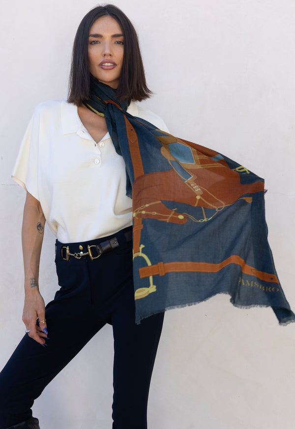 CASHMERE SCARF HERITAGE HORSE NAVY
