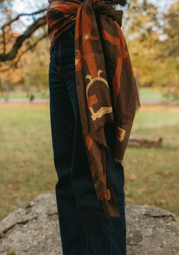 CASHMERE SCARF HERITAGE HORSE BROWN